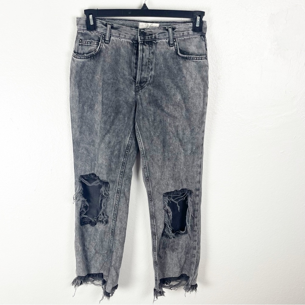 FREE PEOPLE Maggie Black Wash Button Fly Busted Knees Sharkbite Hem Jeans 26